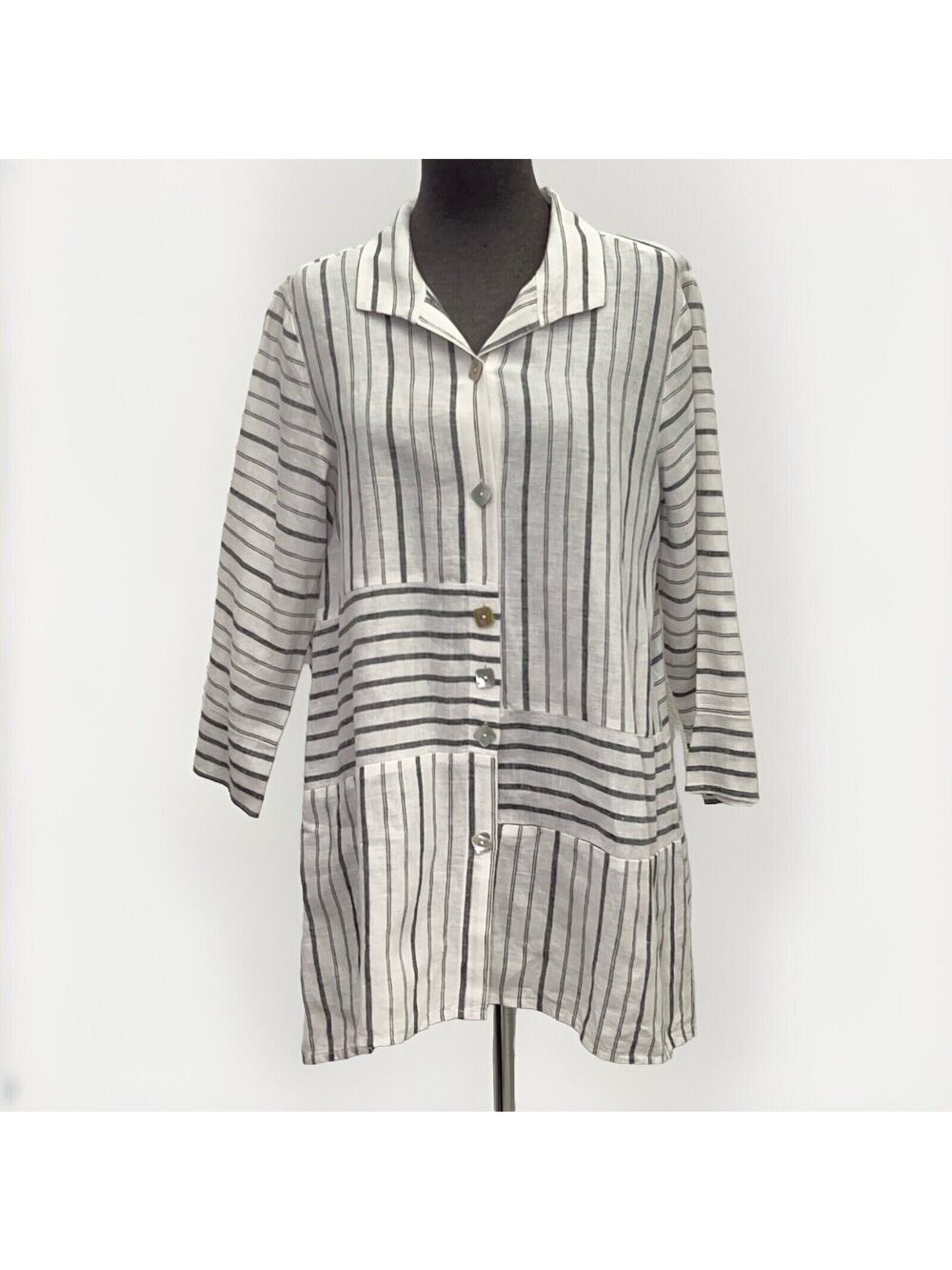 Habitat Tunic Button Up Shirt Women S Beige Women Linen Blend Woven 3/4 Sleeve